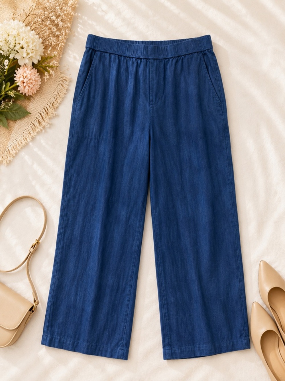 Pure Jill Indigo 100% Cotton Wide Leg Pull On Pants M